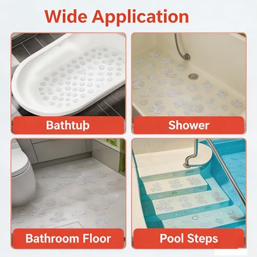 12 Pack Clear Non-Slip Shower Stickers, Bathtub Safety Appliques with Powerful Adhesive, Ideal for Kids, Adults and Seniors, Free Scraper Included