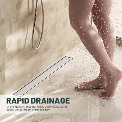 28 Inch Linear Shower Floor Drain, Stainless Steel | Bathroom Floor Drains, Rectangular Shower Trench Floor Drain, Hair Strainer, Brushed Nickel