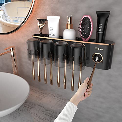 iHave Toothbrush Holders for Bathrooms Wall Mounted with Dispenser & 4 Cups | 12 Slots Wall Mount Toothbrush Holders for Bathrooms with Squeeze Toothpaste Dispenser, 4 Cups & 4 Compartments Organizer - color: Black 4 Cups