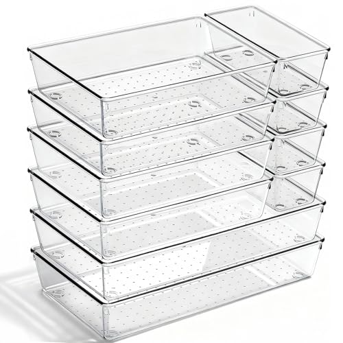 10 Pack Large Drawer Organizer Bins - Clear Plastic Bathroom Drawer Organizer Trays - Heavy Duty Kitchen Drawer Dividers for Utensils - Non-Slip Storage Bins for Makeup, Bedroom, Office Desk - size: 10 Pack