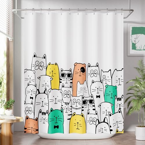 AmazerBath Shower Curtain, Washable Cute Kitty Carnival Cloth Shower Curtain Set with 12 Metal Hooks, Kawaii Waterproof Fabric Black and White Shower Curtain for Kids' Bathroom, 72x72 Inches - color: D- Kitty Carnival+12 Metal Hooks, size: 72"W x 72"L (Pa