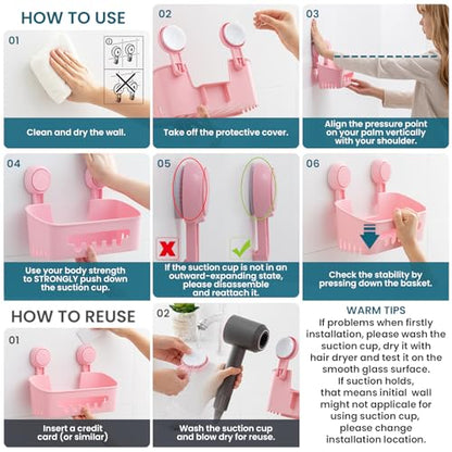 TAILI Shower Caddy Suction Cup, Heavy Duty Bathroom Organizer, Removable Shelves for Inside Shower, Shampoo, Waterproof Suction Plastic Storage for Bathroom Accessories Holder, Pink - style: 1 × Pink