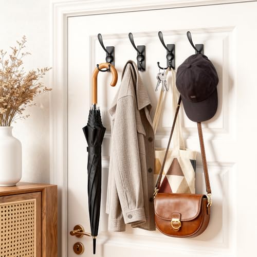 Self Adhesive Towel Hooks, Matte Black Metal Hooks,Waterproof Stainless Steel Hanger Coat Hooks for Hanging Coat,Towels, Bath Robe in Bathroom Kitchen Home - size: 4 Pack-Rectangular Three-Hook