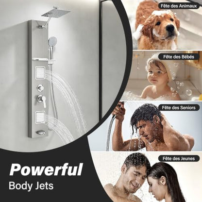 Brushed Surface Shower Panel Contemporary Wall Mount Shower Tower with Adjustable Rainfall Shower Head Large Body Jets Stainless Steel Shower System with Shelf