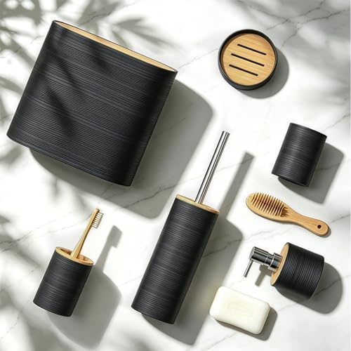 Bathroom Accessory Set, 6-Pcs Black | Trash Can, Soap Dispenser, Toothbrush Holder & Cup, Soap Dish, Toilet Brush - color: Black