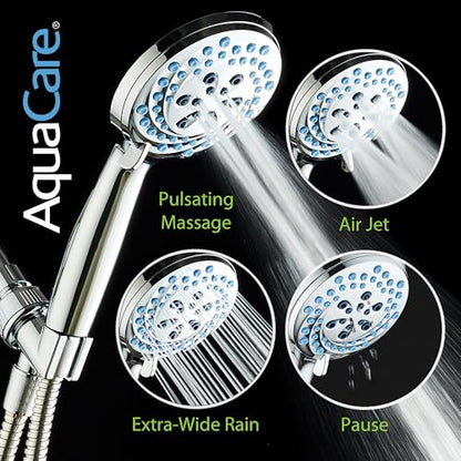 AquaCare New 8-mode High Pressure Handheld Shower Head w/ 2-way Power Wash | Stay Clean Nozzles, Dual Power Wash for Tub, Tile & Pets, Long 6 ft. Stainless Steel Hose, Wall & Overhead Brackets / Chrome - color: Chrome