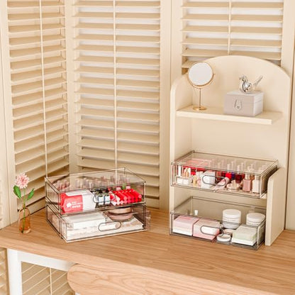 Clear Stackable Makeup Organizer with Drawer, 12''W Acrylic Storage Drawers | Cosmetic Display Case for Vanity Bathroom Countertop Drawers, Beauty Holder for Lipstick Brush Skincare Perfume - size: 2 Tier