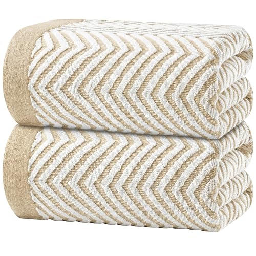 White Classic Cotton Beach Towels Oversized 35 x 70 Inches, Ultra Absorbent and Low Lint Luxury Pool Towels, Chevron Design, Beige, 2 Pack - color: Chevron Beige