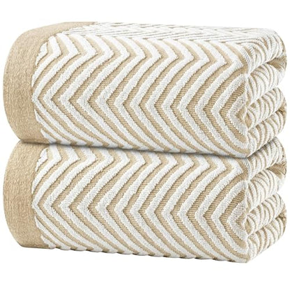 White Classic Cotton Beach Towels Oversized 35 x 70 Inches, Ultra Absorbent and Low Lint Luxury Pool Towels, Chevron Design, Beige, 2 Pack - color: Chevron Beige
