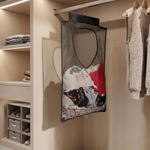 ALYER Breathable Mesh Laundry Hamper,Foldable Hanging Closet Storage Basket,Portable Space Saving Dirty Clothes Bag (Black) - color: Black