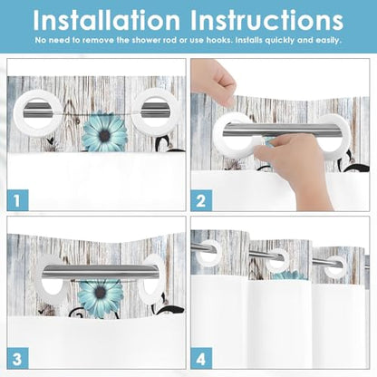 No Hook Shower Curtain with Snap in Liner 71x86 Inch Flower Teal | Rustic Daisy Farmhouse Modern Double Layers Waterproof Fabric with See Through Top Window Open Grommet Bath Curtain - color: Teal Floral, size: 71"W x 86"L (Pack of 1)