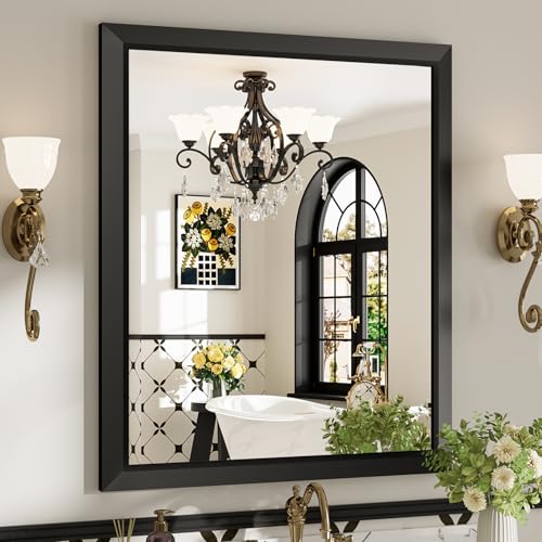 30x36 Inch Black Bathroom Mirror for Wall, Beveled Framed Rectangle Bathroom Vanity Mirrors for Over Sink, Bedroom, Living Room, Entryway, Anti-Rust, HD Tempered Glass, Horizontally/Vertically - size: 30"L x 36"W
