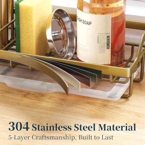 Consumest Sponge Holder for Kitchen Sink - Sink Caddy with Dish Brush Holder, Stainless Steel Kitchen Organizer with Drip Tray for Countertop, Darker Gold - color: Darker Gold