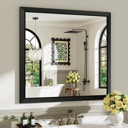 36x36 Inch Black Bathroom Mirror for Wall, Beveled Framed Rectangle Bathroom Vanity Mirrors for Over Sink, Bedroom, Living Room, Entryway, Anti-Rust, HD Tempered Glass, Horizontally/Vertically - size: 36"L x 36"W