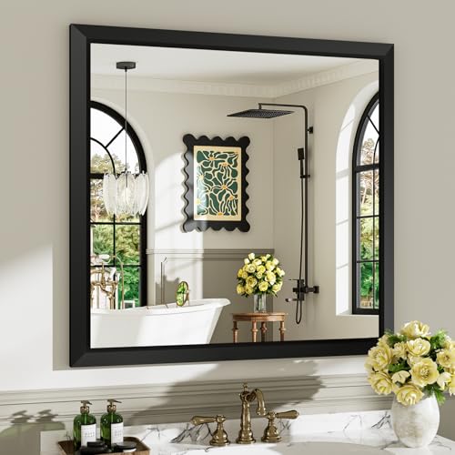36x36 Inch Black Bathroom Mirror for Wall, Beveled Framed Rectangle Bathroom Vanity Mirrors for Over Sink, Bedroom, Living Room, Entryway, Anti-Rust, HD Tempered Glass, Horizontally/Vertically - size: 36"L x 36"W