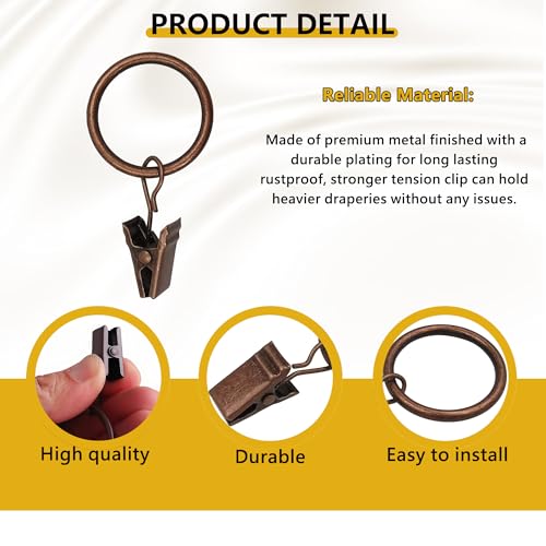 Curtain Rings with Hooks 14 Pack - Rustproof Metal Drapery Clips for Window, Shower, Door, 1.5" Inner Diameter, Smooth Gliding, Fits 5/8" to 3/4" Rods, Red Copper - color: Red Copper
