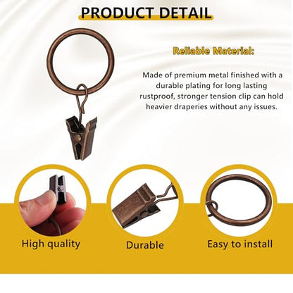Curtain Rings with Hooks 14 Pack - Rustproof Metal Drapery Clips for Window, Shower, Door, 1.5" Inner Diameter, Smooth Gliding, Fits 5/8" to 3/4" Rods, Red Copper - color: Red Copper