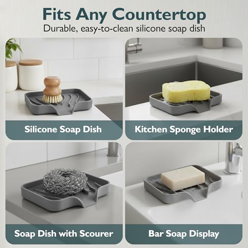 Self Draining Soap Dish with Drain Spout - Bar Soap Holder for Bathroom & Kitchen Sink - Flexible Non-Slip Silicone Soap Holder for Bar Soap, Sponge & Scrubber - 1 Pack - size: 1 Pack