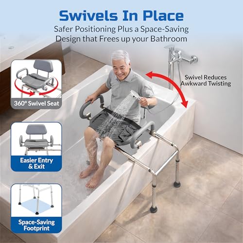 Carousel Sliding Shower Chair Tub Transfer Bench with Swivel Seat Elderly | Slide Safely In & Out of the Tub - Gray, padded seat, padded armrests, swivel seat, backrest, portable, tool-free assembly - color: Gray
