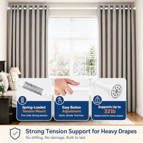 ALLZONE Tension Curtain Rod for Window, 83-123 Inches, Heavy Duty Curtain Rods No Drilling, Non-Slip Bathroom Shower Tension Rod, Renter Friendly, Adjustable, Spring Loaded, Extra Long, White - color: White, size: 83-123 Inches