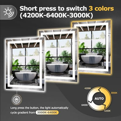 Hivone 36.1X28.1 LED Bathroom Mirror with Lights, Anti-Fog, Dimmable, Backlit + Front Lit, Smart Bathroom Vanity Mirror, Memory Function, Shatterproof, Tempered Glass (Horizontal/Vertical) - size: 36.1"L x 28.1"W