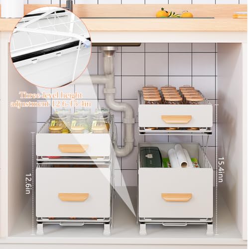 Under Sink Organizer, Adjustable Height (12.6"-15.4") Under Cabinet Storage, 2 Tier Pull Out Sliding Drawers, Foldable Under Sink Storage Rack, for Bathroom & Kitchen, White, 1 Pack