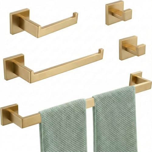 Brushed Gold Bathroom Accessories Set 5-Piece, Towel Bar & Towel Racks for Bathroom, The Manhattan Collection - Heavy Duty SUS304 Stainless Steel Hardware & Decor - color: Brushed Gold
