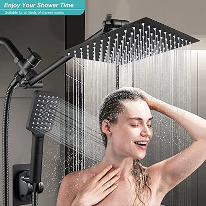 Shower Head Combo,8 Inch High Pressure Rain Shower Head with 9 Inch Adjustable Extension Arm and 3 Settings Handheld,Powerful Shower Spray Against Low Pressure Water with Long 78 Inch Hose(Black) - color: Black, size: 8'' Showerhead Set