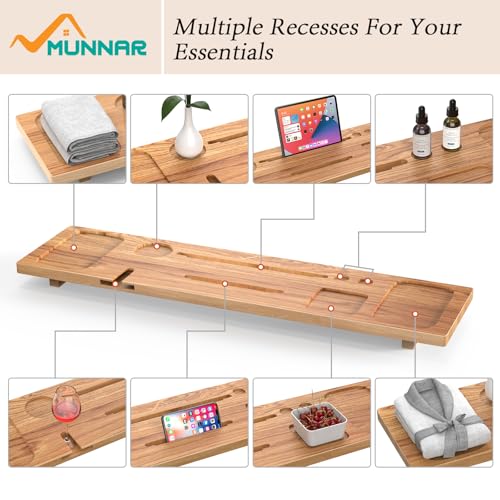 Bathtub Tray for Freestanding Bath, Solid Pine Wood Bath Tray for Tub, Bath Caddy for Home Spa, Adjustable Bathtub Trays for Tub, with Bathtub Accessories Holders, Patent Design, 35x9