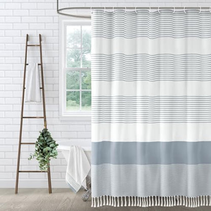 Blue Coastal Ocean Cotton Striped Shower Curtain with Tassel 72"W X 84"L | Extra Long Boho Farmhouse Shower Curtains for Bathroom with Soft Cotton Feel - color: Light Blue, size: 72"W x 84"L