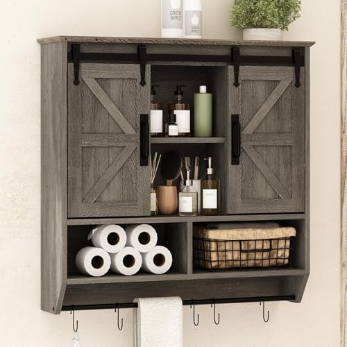 RUSTOWN Farmhouse Bathroom Wall Storage Cabinet with Sliding Barn Doors | 3-Tier, Rustic Wood Wall Mounted Cabinets, Vintage Medicine Cabinet, Adjustable Shelves, Over The Toilet Storage Cabinet - color: Washed Oak