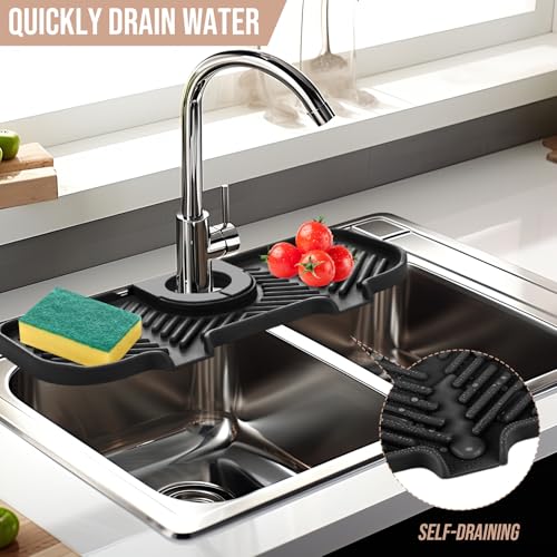 Teenyyou 2 Pcs Silicone Faucet Splash Guard 10.6 ” x 4.3” Kitchen Sink Splash Guard Faucet Mat for Kitchen Mat Catcher Black and Grey Sink Accessories for Bathroom