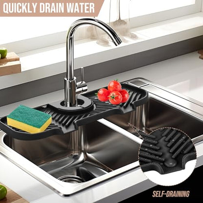 Teenyyou 2 Pcs Silicone Faucet Splash Guard 10.6 ” x 4.3” Kitchen Sink Splash Guard Faucet Mat for Kitchen Mat Catcher Black and Grey Sink Accessories for Bathroom