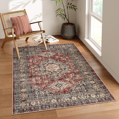 Lahome Oriental Washable Rugs for Bedroom, 4X6 Soft Living Room Rug | Ultra-Thin Non-Slip Stain Resistant Vintage Low-Pile Throw Carpet for Office Entryway Eleanor, Brick Red - color: Brick Red, size: 4' x 6' (Rectangular)