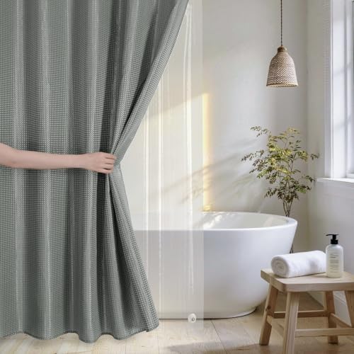 QiyI 3 in 1 Waffle Shower Curtain Set with Liner, Grey, 36 x 72 | Shower Curtain and Liner Set with Hooks, Waterproof Stall Bathroom Curtain with PEVA Liner & 6 Double Sided Plastic Rings - color: Grey, size: 36"W x 72"L (Pack of 1)