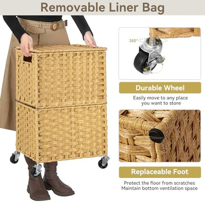 Chrislley Wicker Laundry Basket with Wheels,Rolling Laundry Hamper with Lid | 90L Slim Clothes Hamper with Wheels & Removable Liner Bag, Handwoven Rattan Laundry Organizer for Bedroom, Bathroom, Yellow - color: Yellow