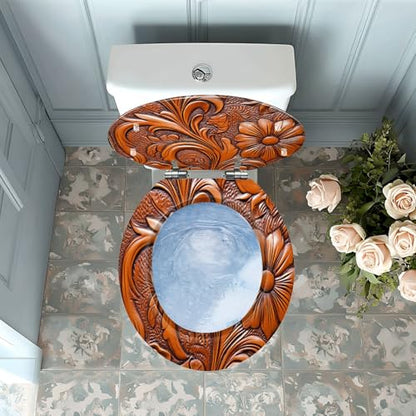 Round Resin Toilet Seat, Quietly Close Quick Release Hinges Cover | Toilet Lid Cover Easy to Clean and Install, Hand Tooled Leather Heavy Duty Toilet Seat - color: pattern4, size: O-shape