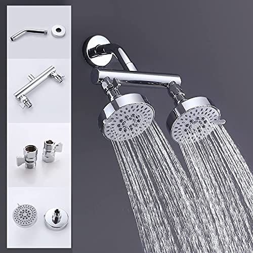 AZOS Double Shower Head with Shut-Off Valve, Bathathroom High Pressure Dual Fixed Rain Shower Head Combo with Brass Dual Outlet Manifold, Adjustable 5 Function Showerhead Chrome - color: Chrome