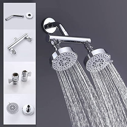 AZOS Double Shower Head with Shut-Off Valve, Bathathroom High Pressure Dual Fixed Rain Shower Head Combo with Brass Dual Outlet Manifold, Adjustable 5 Function Showerhead Chrome - color: Chrome