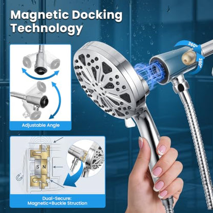 High Pressure Magnetic Filtered Shower Head with Handheld, Chrome | Detachable Showerhead with 72-Inch Hose, 10 Mode, Power Jet, 5-Inch Face, Anti-Clog Nozzles, Hard Water Softening Filter