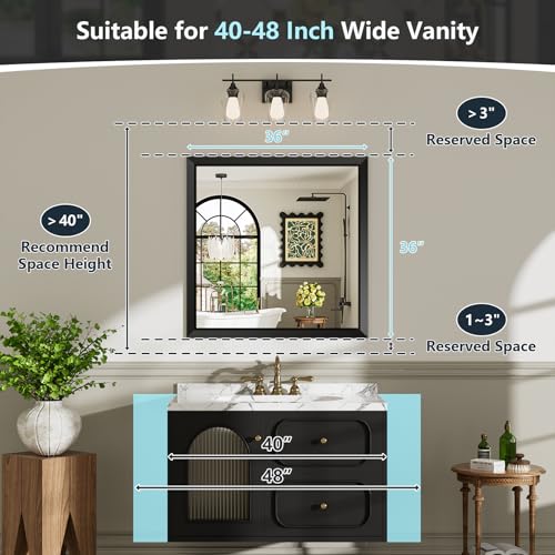 36x36 Inch Black Bathroom Mirror for Wall, Beveled Framed Rectangle Bathroom Vanity Mirrors for Over Sink, Bedroom, Living Room, Entryway, Anti-Rust, HD Tempered Glass, Horizontally/Vertically - size: 36"L x 36"W