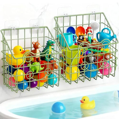 Greentainer 2 Pack Bath Toy Storage Organizer, Large Rustproof Metal Wire Basket, Wall Mounted Hanging Bathtub Holder, Bathroom Shower Caddy for Tub Toys & Toiletries - color: Green-frog