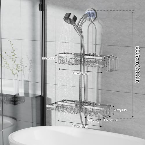 KEGII Hanging Shower Caddy for Handheld Showerheads, Silver | Rustproof Over Showerhead Organizer with Soap Dish, Toothbrush Holder and Hooks for Bathroom Shower Storage - style: Silver – 2-Tier Hanging Shower Caddy