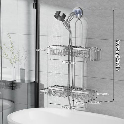 KEGII Hanging Shower Caddy for Handheld Showerheads, Silver | Rustproof Over Showerhead Organizer with Soap Dish, Toothbrush Holder and Hooks for Bathroom Shower Storage - style: Silver – 2-Tier Hanging Shower Caddy