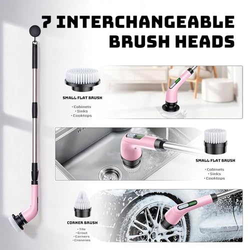 Highyes Electric Spin Scrubber for Bathroom, Upgrated Powerful IPX7 Waterproof Shower Scrubber with Extendable Long Handle A10D (Pink) | IPX7 Waterproof Shower Scrubber with Extendable Long Handle，Bathroom Cleaning Scrubber with 7 Reusable Brush Heads - c