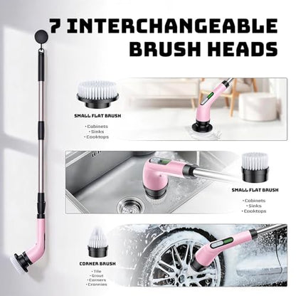 Highyes Electric Spin Scrubber for Bathroom, Upgrated Powerful IPX7 Waterproof Shower Scrubber with Extendable Long Handle A10D (Pink) | IPX7 Waterproof Shower Scrubber with Extendable Long Handle，Bathroom Cleaning Scrubber with 7 Reusable Brush Heads - c