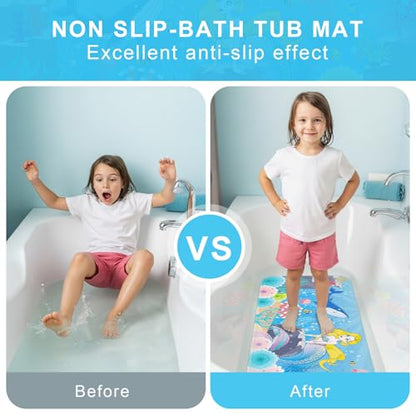 Upgrade Cartoon Baby Bath Mat Non Slip - 40"x16" Extra Long Bathtub Mat for Baby Eco Friendly Durable Bath Mat for Tub Non Slip Kids Tub Mat with Suction Cups, Machine Washable and No Fading, Mermaid - color: E-mermaid-2