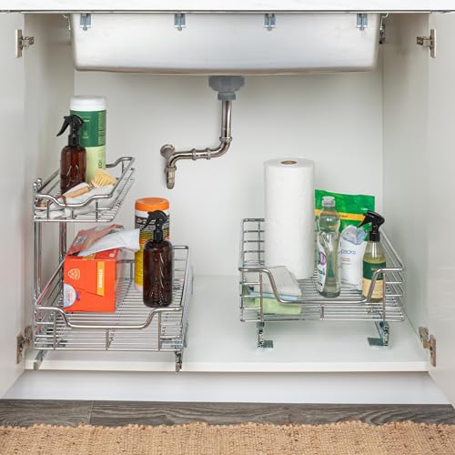 Household Essentials Glidez 2‑Tier Multipurpose Chrome‑Plated Steel Pull‑Out/Slide‑Out Under Sink Organizer, Chrome Finish - size: 12.25" - Standard, style: Undersink