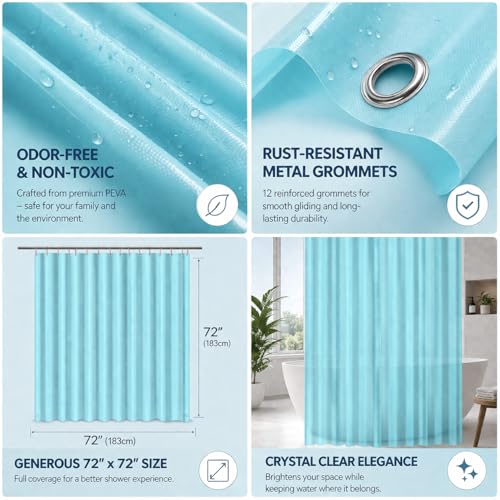 EHZNZIE Aqua Shower Curtain Liner 72x72, PEVA Waterproof Bath Curtain, No Chemical Smell, 3 Weighted Magnets, Durable with Rustproof Metal Grommets - color: Aqua, size: 72"W x 72"L (Pack of 1)