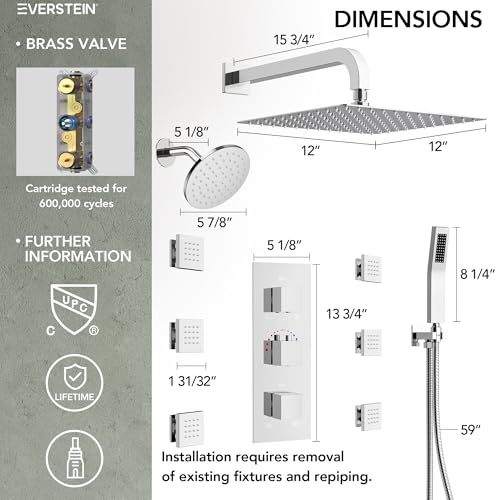 Wall Mount 12" High-Pressure Rainfall Shower Faucet, Dual Rainfall Shower Head System with 6 Body Jets (Polished Chrome) | Wall Mount, High-Pressure, Dual Rainfall Shower Head System, 6 Body Jets - color: Polished Chrome